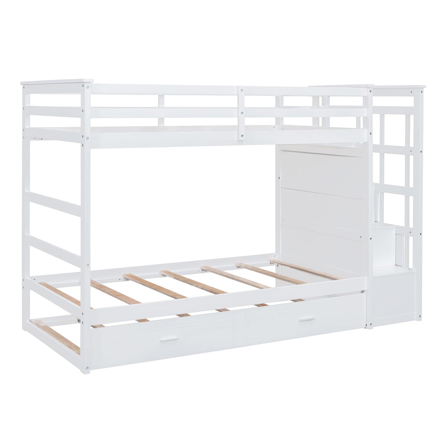 Harper & Bright Designs Twin Over Twin Bunk Bed with Trundle and Staircase, Solid Wood Bunk Bed for Kids Teens Adults (Natural White)