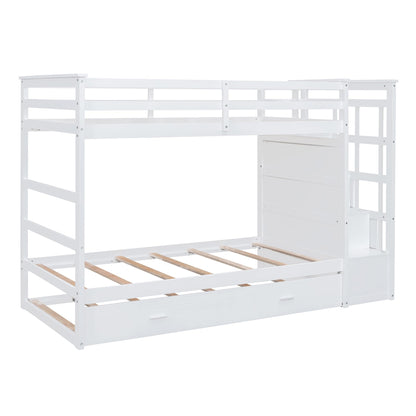 Harper & Bright Designs Twin Over Twin Bunk Bed with Trundle and Staircase, Solid Wood Bunk Bed for Kids Teens Adults (Natural White)