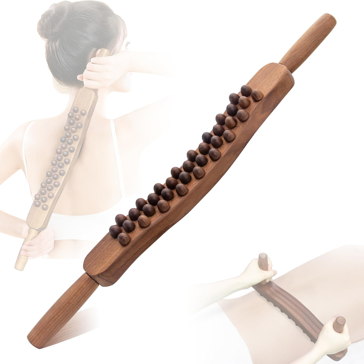 Goodtar Guasha Wood Stick Tools Wooden Therapy Scraping Lymphatic Drainage Massager, Double Row 34 Beads Point Treatment Gua Sha Tools for Back Leg, Anti-Cellulite and Pain Relief(Two Row,34 Beads) Goodtar