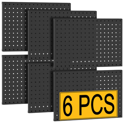 PBHEPJ 6 Pcs Metal Pegboard Panels, Heavy Duty Peg Boards for Garage and Garden Tool Storage, Includes Drywall Anchors and Screws Kits, Black (6 pcs 16in x 12in)