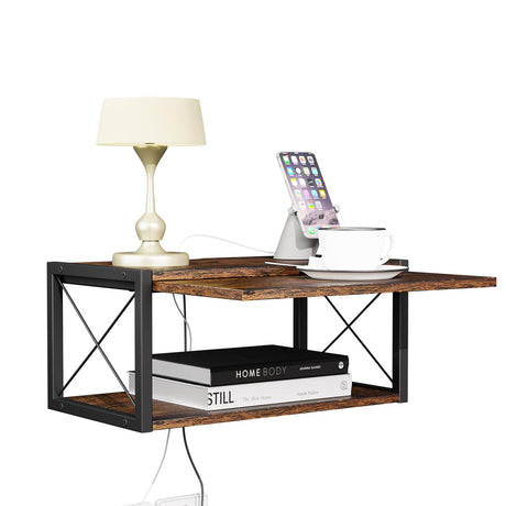 2-Tier Floating Nightstand, Wall Mounted Bedside Table, Wood Bedside Shelf Wall Mounted Nightstand, Floating Bedside Table Wall Shelf for Bedroom, Living Room, Kitchen, Office, Rustic Brown FNBAR