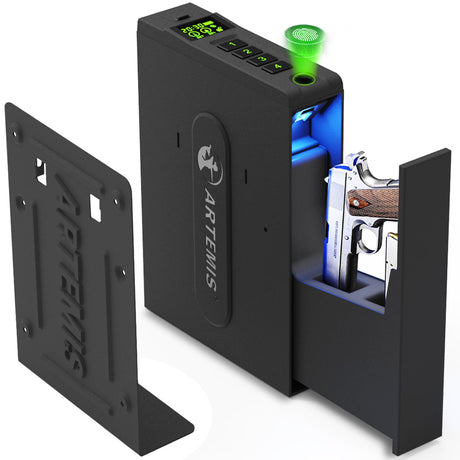 Biometric Slider Handgun Gun Safe for Home Nightstand,Cloakroom, Desk,Bed Side,Truck, Artemis Auto Sliding Door Hand Gun Safe for Pistol Unlock Fingerprint，Digital PIN，Key Access Artemis