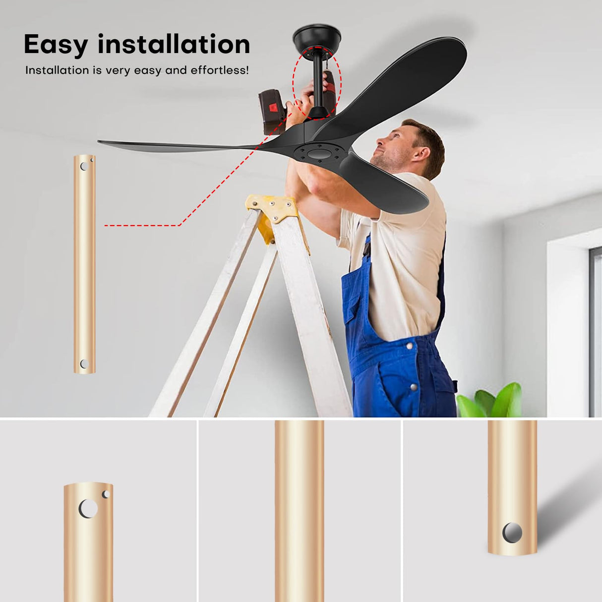 36-inch Ceiling Fan Downrod with Extension Cord, 3-foot Gold Ceiling Fan Extension Rod, 1-inch OD, Ceiling Downrod for Various Fans (Gold, Unthreaded) CEPGMNL