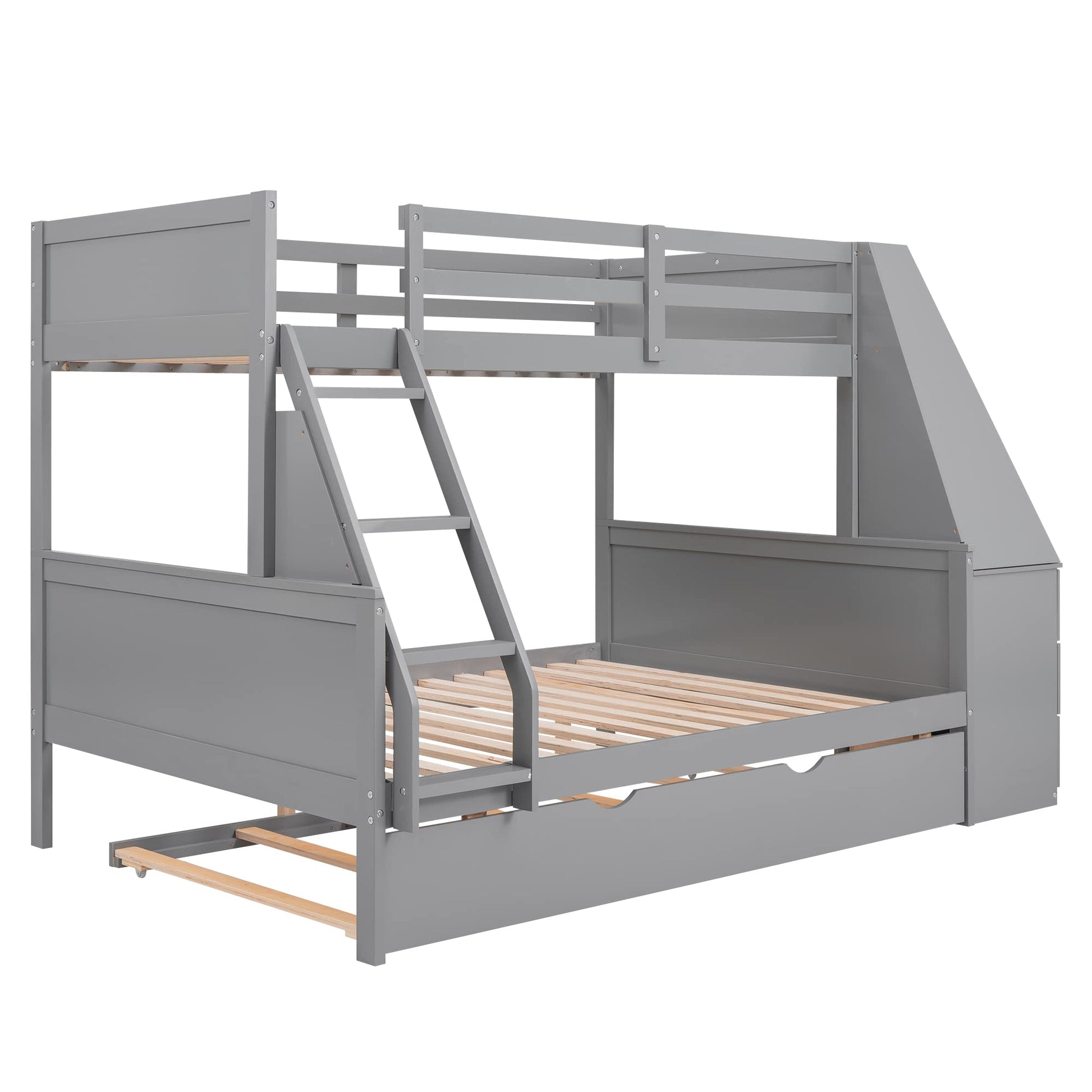 Harper & Bright Designs Twin Over Full Wooden Bunk Bed with Desk, Trundle, and Storage in Grey - WoodArtSupply