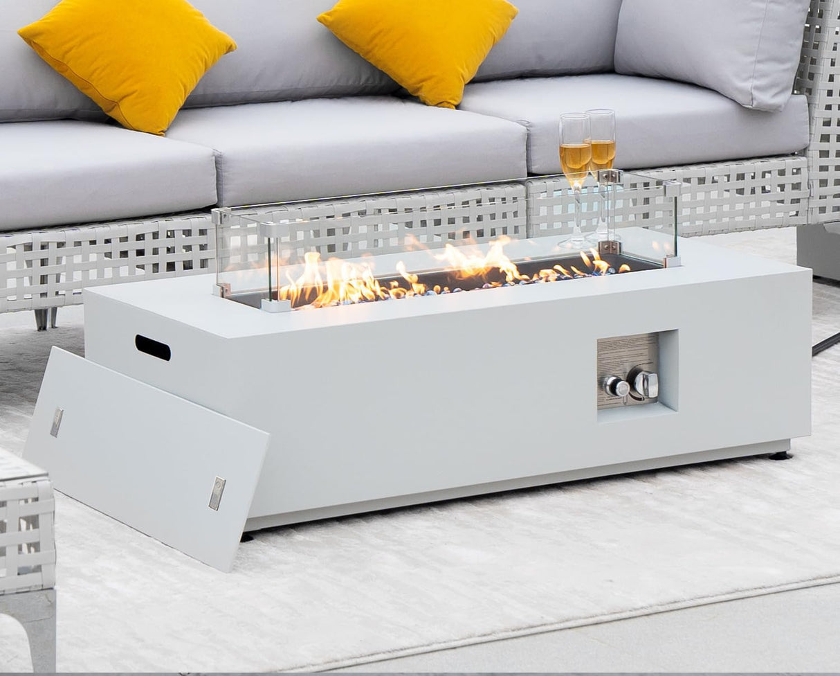 NICESOUL 42'' Outdoor Rectangle Fire Pit Table, Modern Low Profile Patio Firepits with Tank Table, 50,000 BTU Firepit Table for Outside, Exterior, Porch, Backyard or Garden, No Assembly, Grayish white NICESOUL