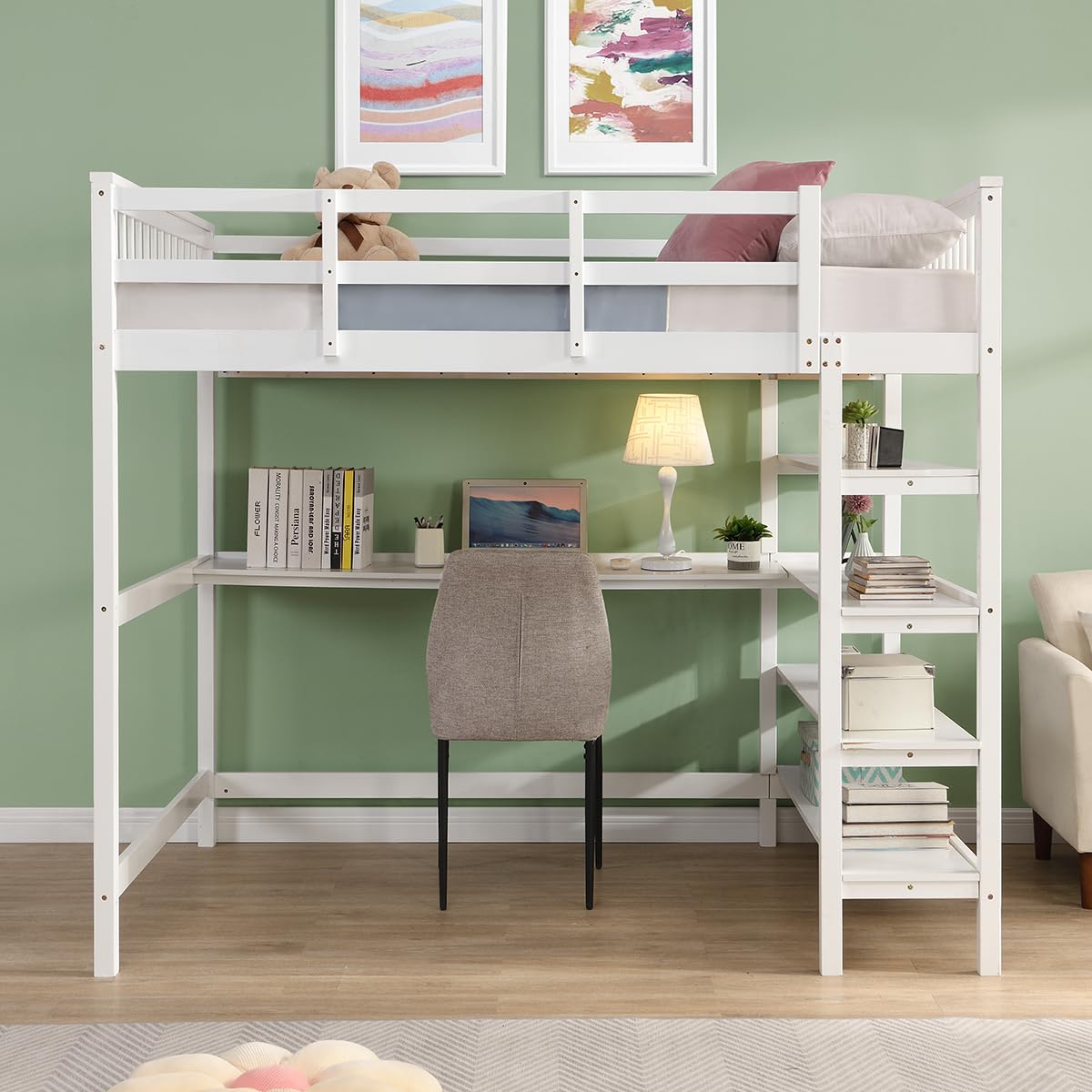KINFFICT Loft Bed Full Size with Desk and Shelves, Heavy Duty Full Loft Bed Frame with Bookcase Storage, Solid Wood Lofted Bed Frame, Space-Saving, Noise Free, No Box Spring Needed KINFFICT