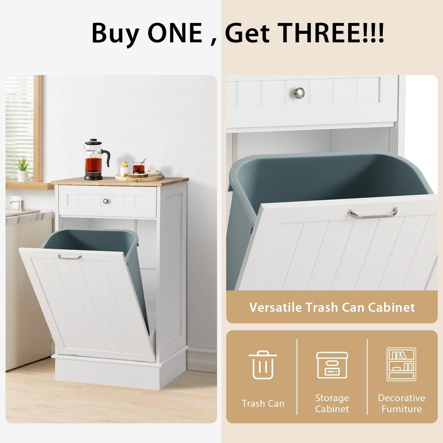 KIGOTY Tilt Out Trash Can Cabinet, Free Standing Kitchen Garbage Bin Holder with Hideaway Drawer and Countertop, Wooden Pet-Proof Recycling Trash Cabinet Laundry Hamper, White - WoodArtSupply