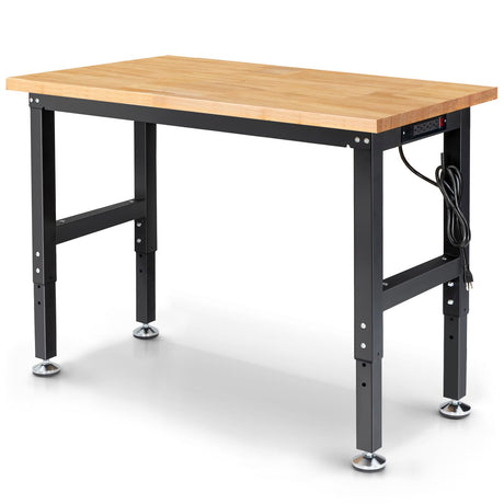 Workbench for Garage 48 Inch Work Bench Table Adjustable Height Rubberwood Tabletop Work Table with Power Outlets for Woodworking Shop Home Office Electronic Cutting Wood ENJOYWOOD