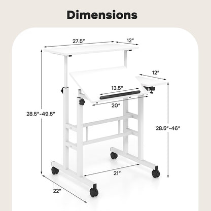 Tangkula Mobile Standing Desk Stand Up Desk, Height Adjustable Home Office Desk with Standing & Seating 2 Modes, Tilting Tabletop & Flexible Wheels, Rolling Laptop Cart Sit Stand Desk (White)