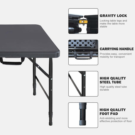 ICSPOID Portable Plastic Folding Table 4ft/6ft/8ft Heavy Duty White Black Picnic Dining Table Fold-in-Half for Camp Party Kitchen Indoor Outdoor ICSPOID