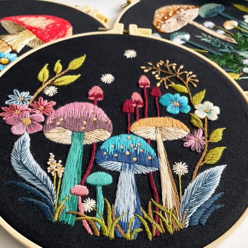 Myfelicity Embroidery Kit with Mushroom Patterns, 3 Hoops, Fabric, Threads, Needles, Instructions (Colorful)