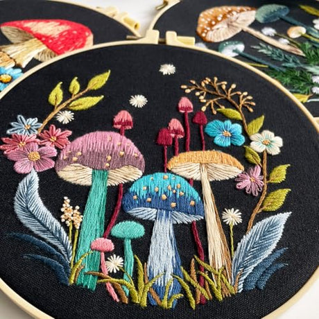 Myfelicity Embroidery Kit with Mushroom Patterns, 3 Hoops, Fabric, Threads, Needles, Instructions (Colorful) Myfelicity