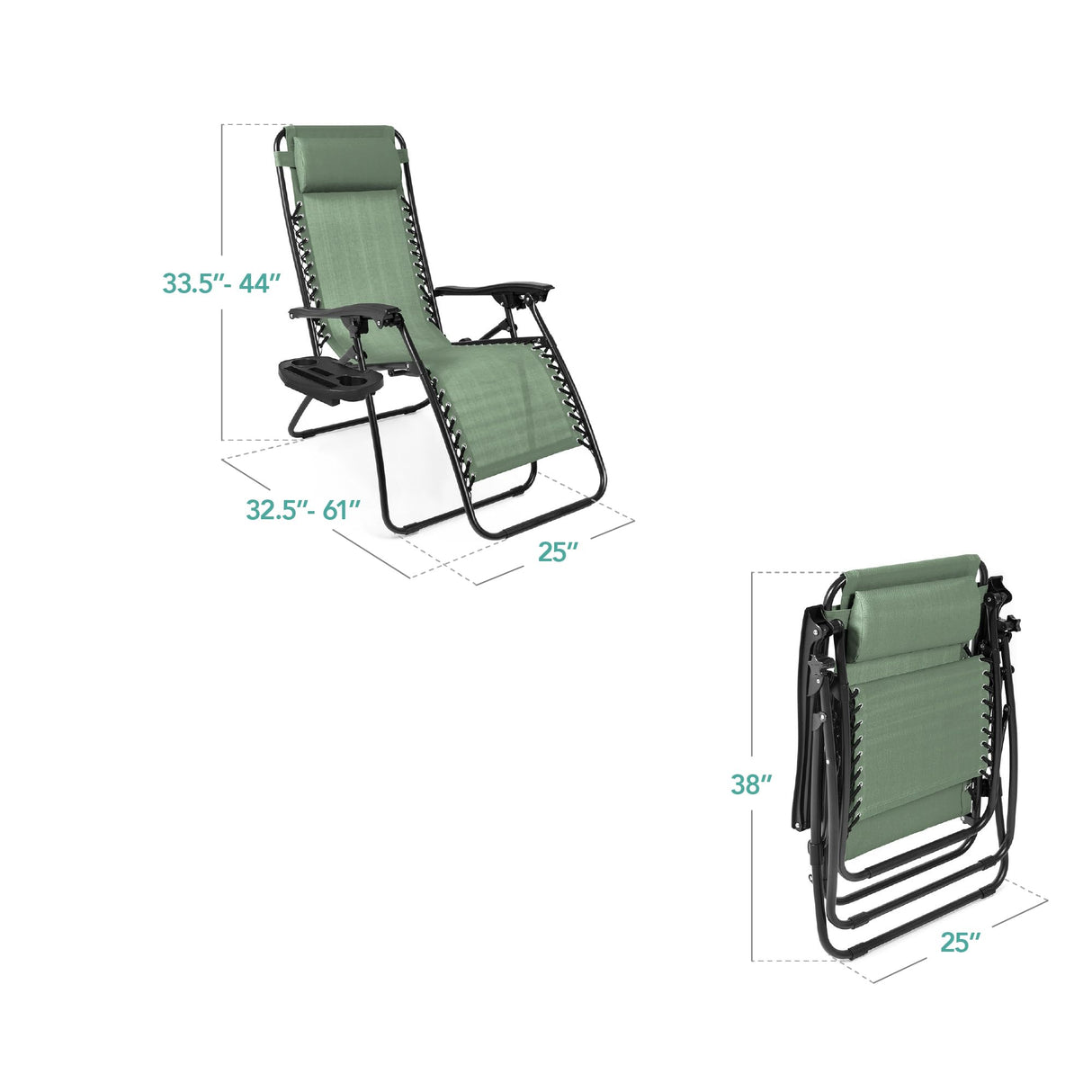 Best Choice Products Set of 2 Adjustable Steel Mesh Zero Gravity Lounge Chair Recliners w/Pillows and Cup Holder Trays - Sage Green Best Choice Products