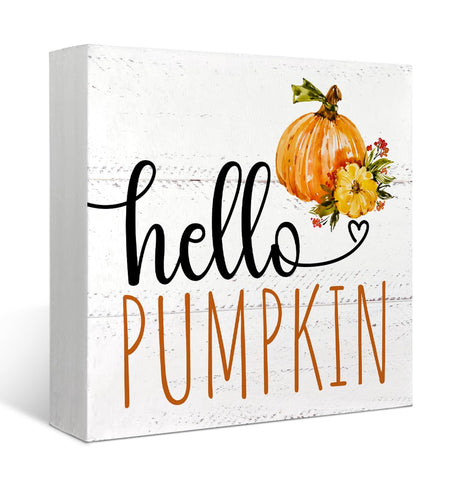 Mtrgdn Fall Decorations for Home,Fall Decor for Table Wood Box Sign Hello Pumpkin Autumn Harvest Fall Thanksgiving Seasonal Desk Decor,Farmhouse Rustic Wood Block Plaque for Office Shelf Decor Mtrgdn