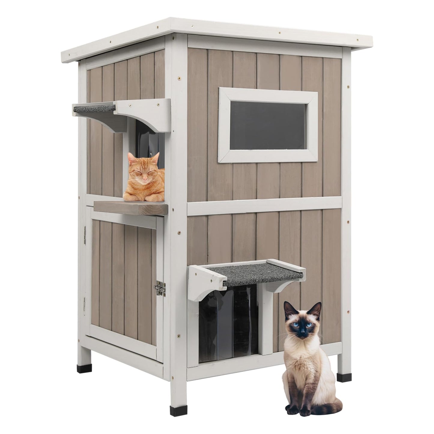 Ketive Outdoor Cat House Weatherproof 2-Story Feral Cat Shelter for Outdoor with Asphalt Roof, Viewing Windows, Escape Doors, and PVC Curtains – Insulated Fir Wood Cat House for Indoor/Outdoor Use