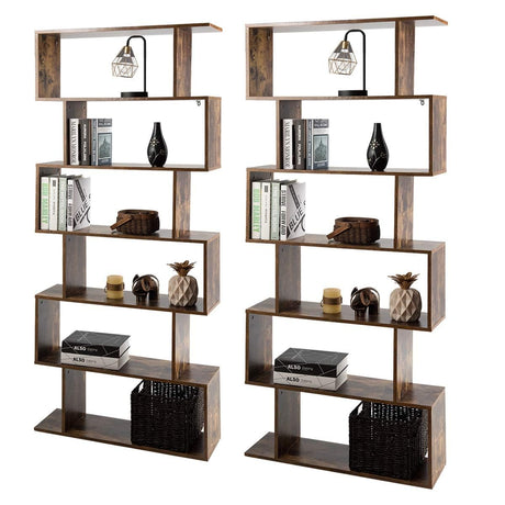 Tangkula 6-Tier Geometric Bookcase, Modern S-Shaped Storage Display Bookshelf for Living Room, Anti-Toppling Device, Home Office Wooden 6 Shelf Open Bookcase (2, Coffee) Tangkula