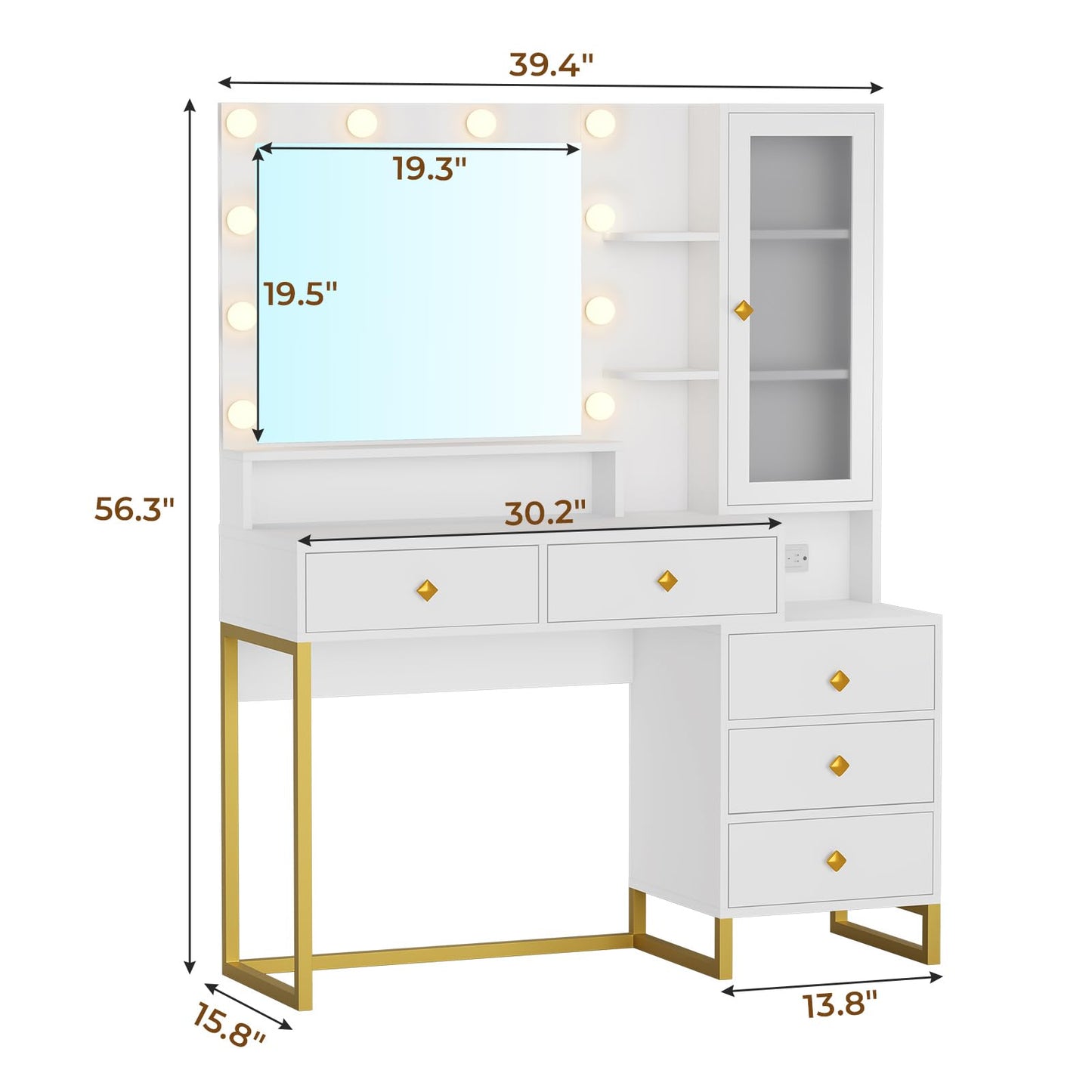 Tiptiper Large Makeup Vanity with Lights, Vanity Table with Charging Station Vanity Desk with Mirror and 10 LED Light Bulbs, Makeup Table with 5 Drawers, Nightstand and Storage Shelves, White & Gold