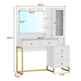 Tiptiper Large Makeup Vanity with Lights, Vanity Table with Charging Station Vanity Desk with Mirror and 10 LED Light Bulbs, Makeup Table with 5 Drawers, Nightstand and Storage Shelves, White & Gold Tiptiper