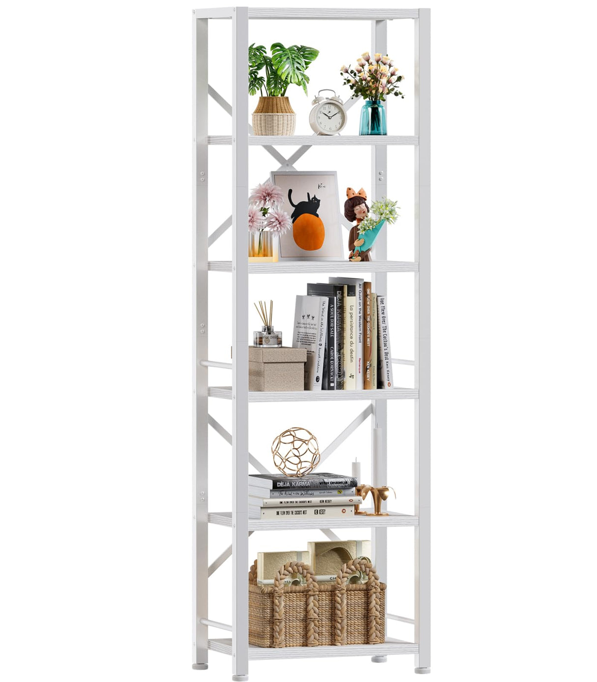 Furologee White Tall Bookshelf, Narrow Bookcase with 6 Shelves, Modern Freestanding Shelf Units, Metal and Wood Display Storage Corner Rack Organizer for Living Room, Home Office, Hallway, Bathroom Furologee