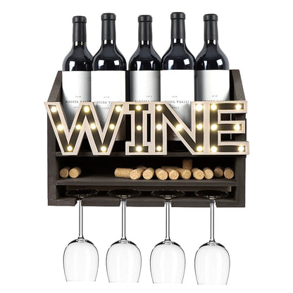 Shikha LED Wooden Wall Mounted Wine Rack and Glass Holder –Rustic Wine Bottle & Glass Holder & Wine Cork Storage Modern Home Decor 5 Bottle and 4 Glass Holder - WoodArtSupply