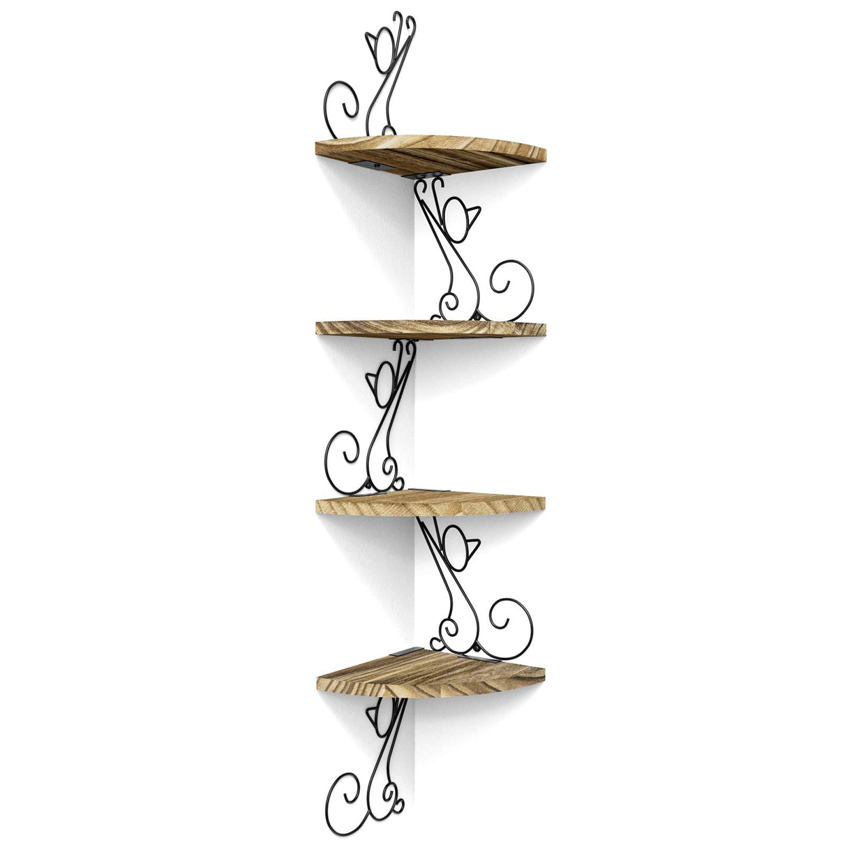 Alsonerbay Wall Mount Corner Shelves 4 Tier Floating Corner Storage Wood Shelves Decorative Rustic Radial Shelf in Cat Shape Carbonized Black Alsonerbay