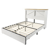 AMERLIFE Queen Bed Frame with Hidden Sliding Bookcase Headboard, Charging Station, 2 Large Storage Drawers, Metal & Wood Platform, Farmhouse, No Box Spring Needed, White & Barnwood AMERLIFE