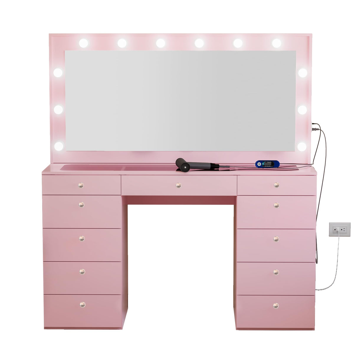 Boahaus Orla Extra-Large Makeup Vanity Desk with Hollywood Lights, 11 Drawers, Hair Dryer Hanger, USB Type-C & Type-A, Power Outlet for Beauty Tools, Glass Top, Crystal Knobs – Premium Pink Finish Boahaus