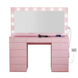 Boahaus Orla Extra-Large Makeup Vanity Desk with Hollywood Lights, 11 Drawers, Hair Dryer Hanger, USB Type-C & Type-A, Power Outlet for Beauty Tools, Glass Top, Crystal Knobs – Premium Pink Finish Boahaus