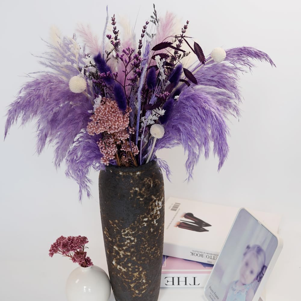 Natural Dried Pampas Prairie Bouquet, 17 "Natural Dried Bouquet, Purple Pampas and Millet Flower Mixed Bouquet Bohemian Style Family Wedding Dried Flower Decoration Flowerartlife