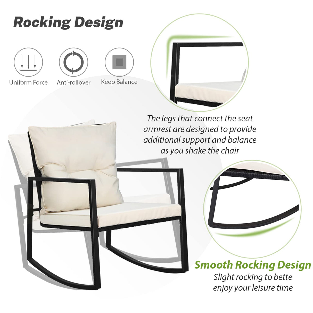 SUNCROWN 3 Piece Outdoor Rocking Bistro Set Black Wicker Furniture Porch Chairs Conversation Sets with Glass Coffee Table, Beige SUNCROWN