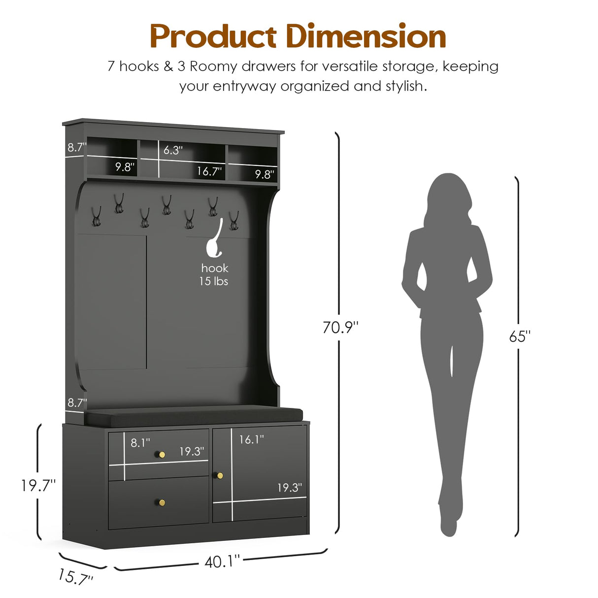 Soohow Hall Tree with Bench and Shoe Storage, Mud Room Bench with Storage and Seating, Hall Tree with Shoe Storage with 7 Hooks, 6-in-1 Farmhouse Hall Tree with Bench for Entryway, 70.9", Black Soohow