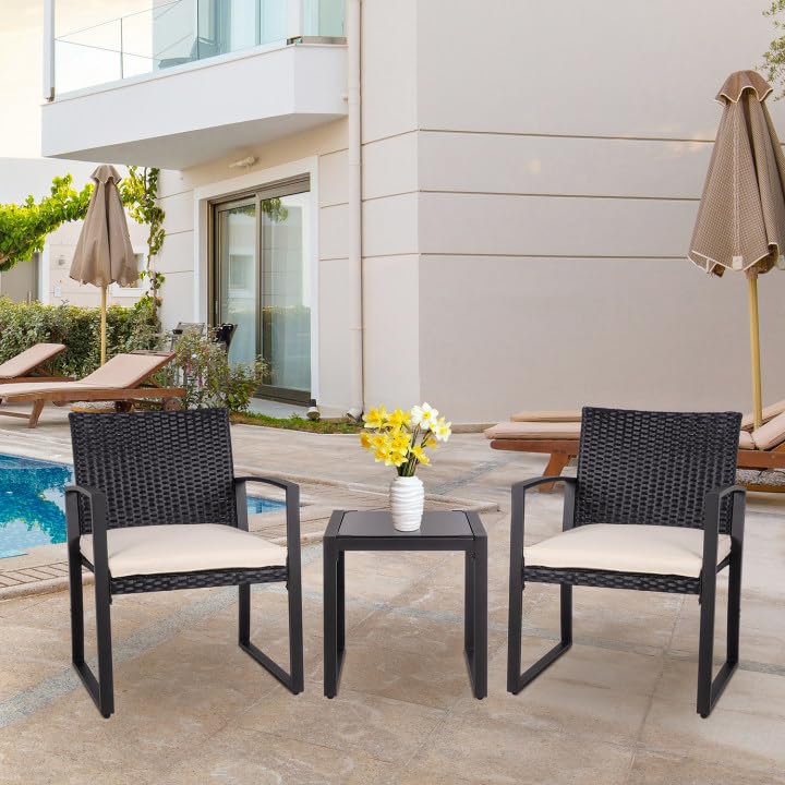 Shintenchi 3 Pieces Outdoor Patio Furniture Set Modern Black Wicker Bistro Set Rattan Chair Conversation with Coffee Table for Yard Porch Poolside Lawn(Beige) - WoodArtSupply