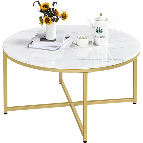 Yaheetech Faux Marble Coffee Table, 35.5in Round Coffee Table with Metal Legs for Living Room, Modern Center Table for Home & Office, White and Gold Yaheetech