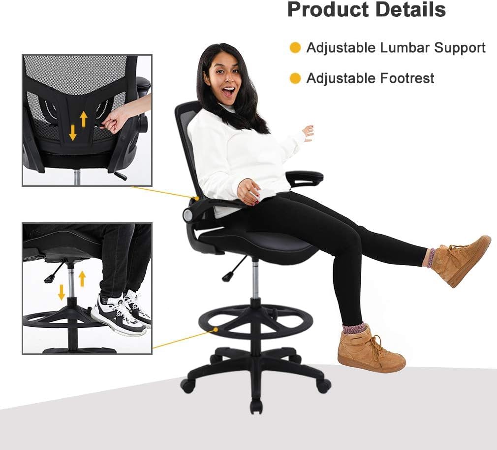 Drafting Chair Ergonomic Tall Office Chair Standing Desk Chair with Flip Up Arms Foot Rest Back Support Adjustable Height Mesh Drafting Stool, Black - WoodArtSupply