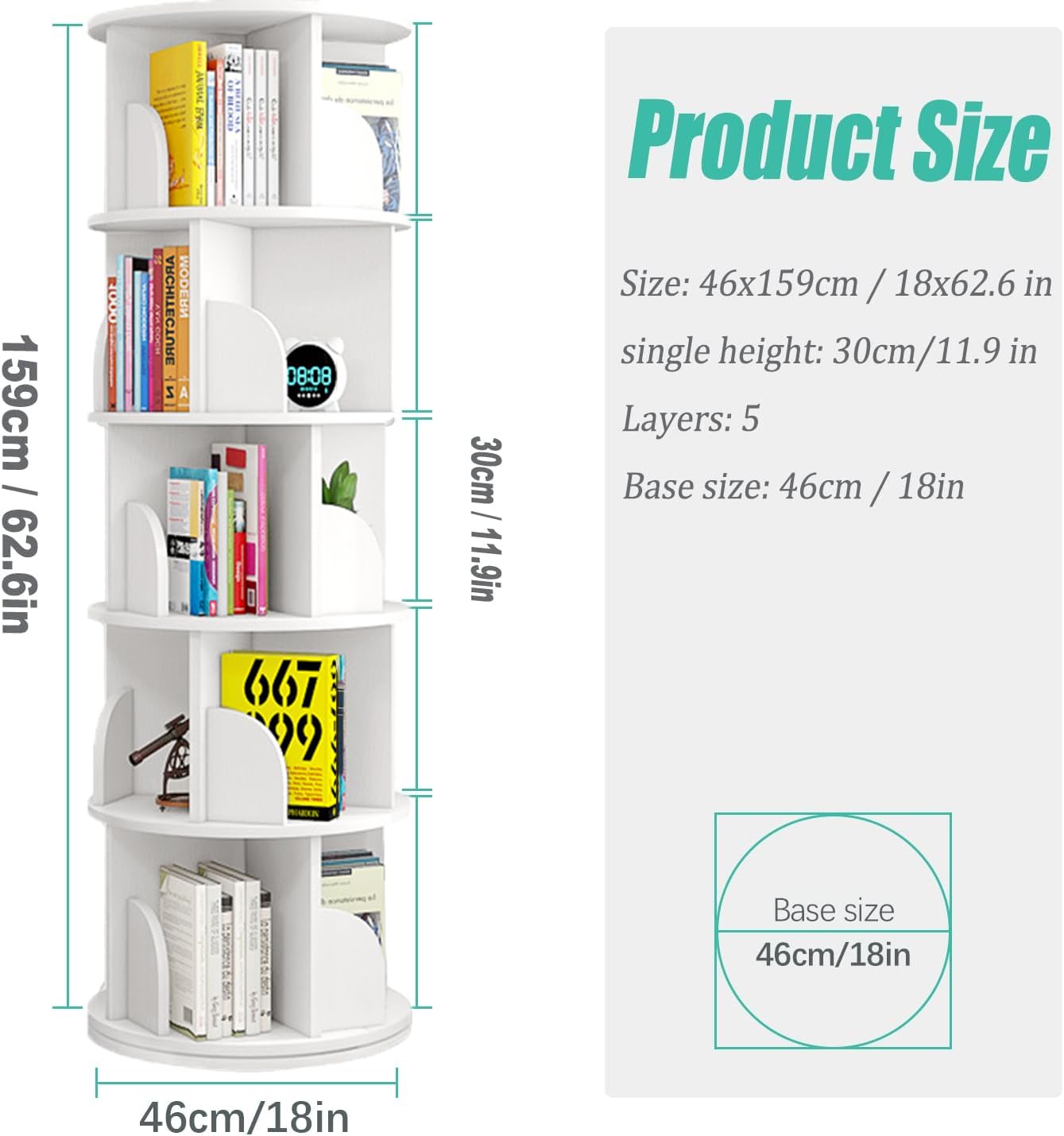 Nisorpa 5-Tier 360° Rotating Bookshelf – Space-Saving Tower Bookcase for Small Spaces - WoodArtSupply