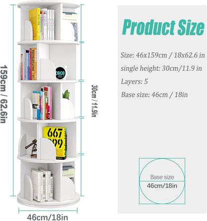 Nisorpa 5-Tier 360° Rotating Bookshelf – Space-Saving Tower Bookcase for Small Spaces - WoodArtSupply