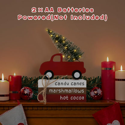 Christmas Decorations Indoor, Christmas Decor - Wooden Book Stack & Red Truck with LED Lighted Tree Christmas Signs for Table, Tiered Tray, Shelf and Mantel - Holiday Decor for Home/Office