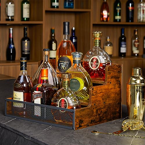 3 Step Countertop Liquor Bottle Display Shelf, Wood Bar Shelves 12 Bottles with Fences, Freestanding Storage Shelves for Liquor Whiskey Wine Coffee Syrup Display, Retro Wine Rack Home (Patent Pending) Yuzehuaza