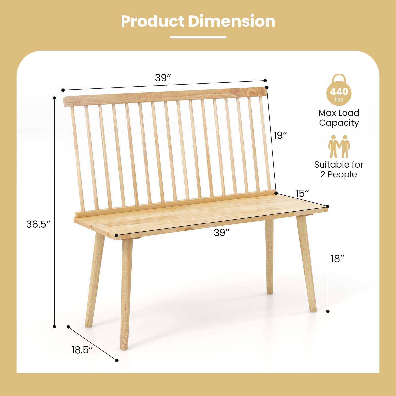 Giantex Entryway Bench for 2, Windsor Bench with Spindle Back & Anti-Slip Foot Pads, Farmhouse Rubber Wood Dining Bench, Indoor Wooden Bench for Kitchen, Dining Room, Hallway (Natural) - WoodArtSupply