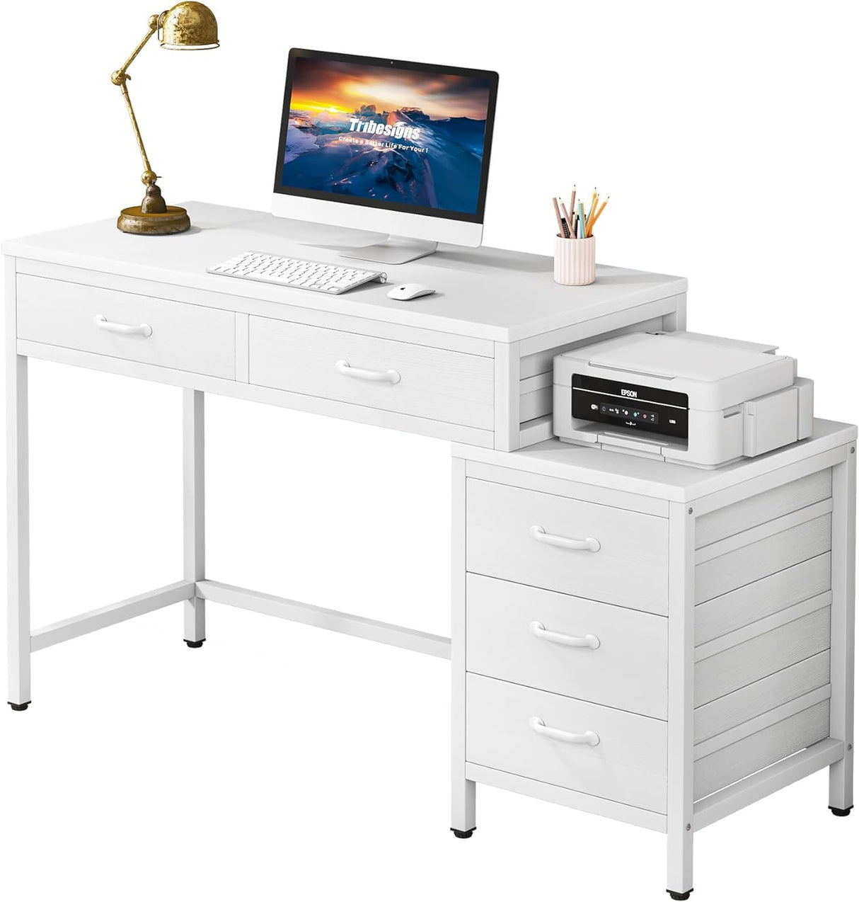 Tribesigns Computer Desk with 5 Drawers, Home Office Desks with Reversible Drawer Cabinet Printer Stand, Industrial PC Desk with Storage, White Study Writing Table Workstation for Small Spaces Tribesigns