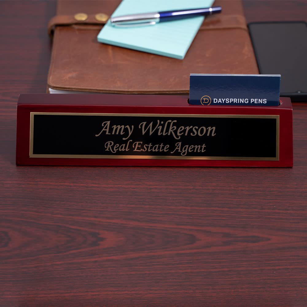 Dayspring Pens | Engraved Woodmark Rosewood Desk Wedge with Custom Name Plate and Business Card Holder. Personalized Office Gift for Business Dayspring Pens