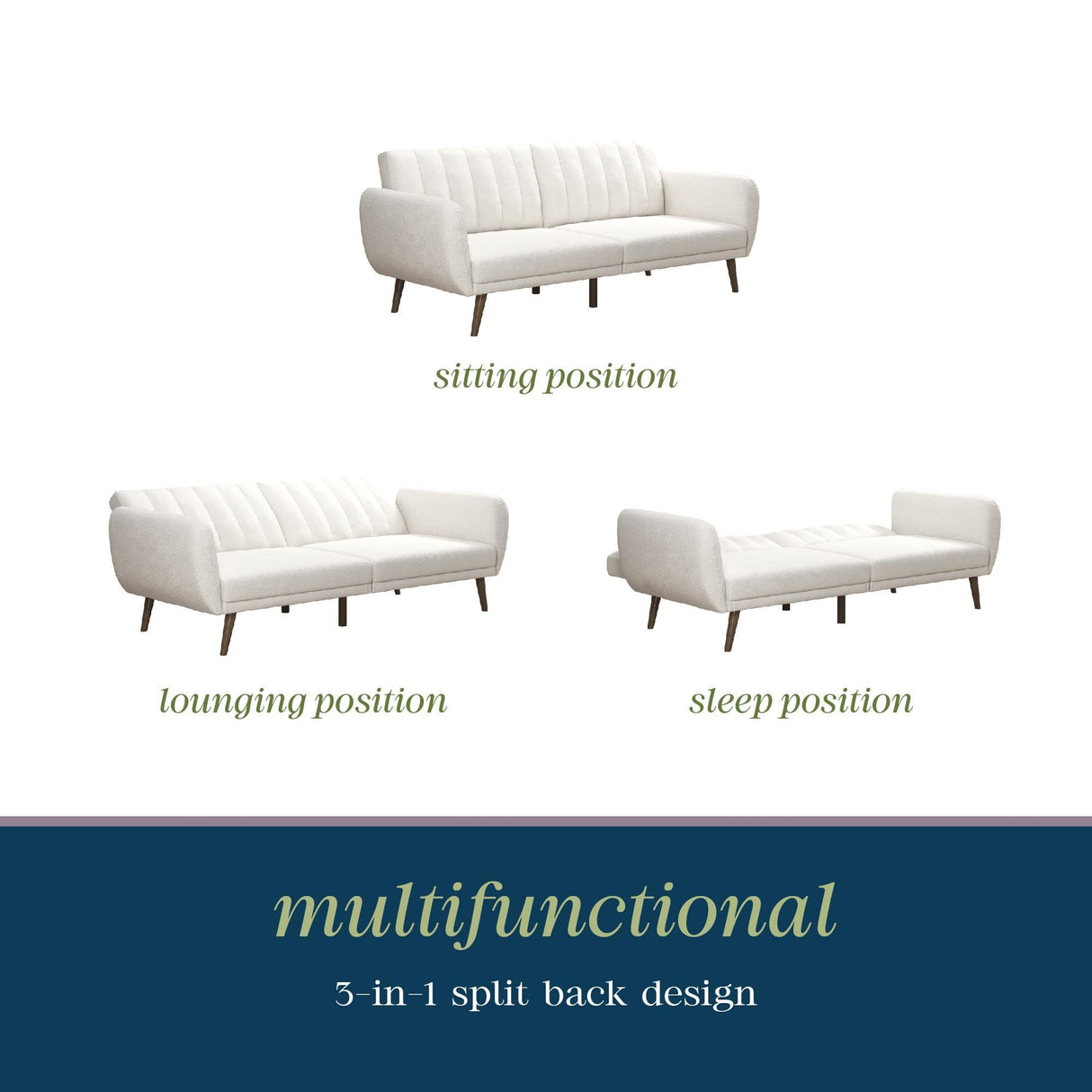 Novogratz Brittany 81.5" Futon Sofa Bed and Couch Sleeper, Ivory Boucle Novogratz