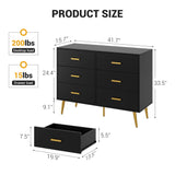 GarveeHome 6 Drawer Dresser, Modern Wooden Dresser with Gold Handles and Storage Space, Chest of Drawers for Bedroom, Hallway, Living Room and Entryway, Black GarveeHome