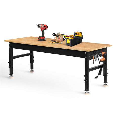 Betterhood 70" Adjustable Height Workbench, 2000 LBS Heavy Duty Work Table with Power Outlets & Pegboard, Rubber Wood Workstation for Garage, Workshop, Office, Home, Commercial Betterhood