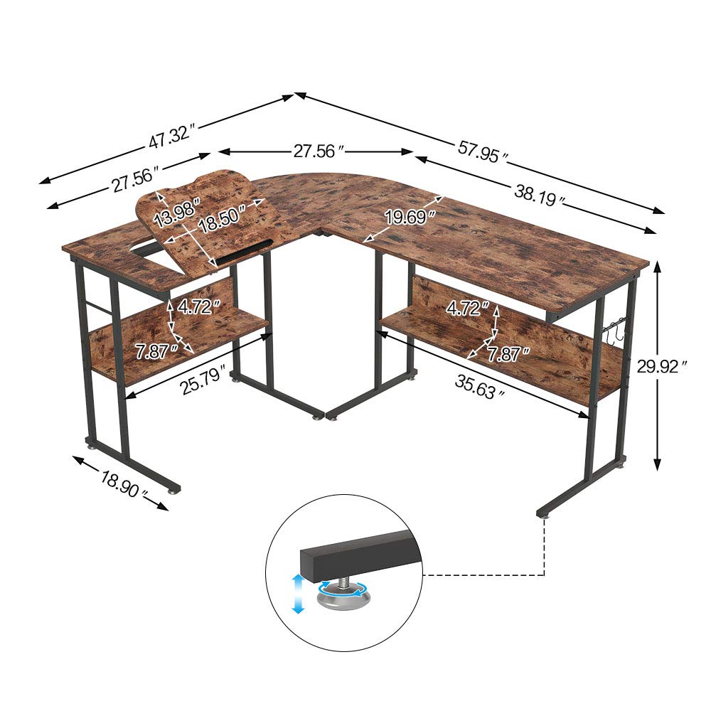 Knowlife Computer Desk L Shaped Desk 58 inch with Round Corner and Hooks Tiltable Desk for Small Space Brown - WoodArtSupply