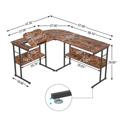 Knowlife Computer Desk L Shaped Desk 58 inch with Round Corner and Hooks Tiltable Desk for Small Space Brown - WoodArtSupply