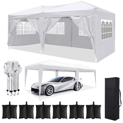 10x20 White Pop Up Canopy Tent with 6 Removable Sidewalls Commercial Heavy Duty All Weather Waterproof Outdoor Canopy Wedding Tents for Parties Gazebo with Carry Bag and 6 Sandbags