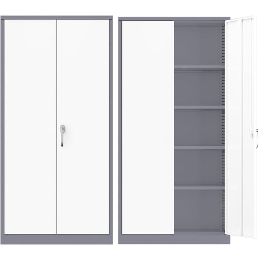 Superday Metal Storage Cabinets, 72" Storage Cabinet with Locking Door, Tall Garage Cabinet with 2 Doors and 4 Adjustable Shelves for Home Office, Classroom, Easy Assemble(White Grey)