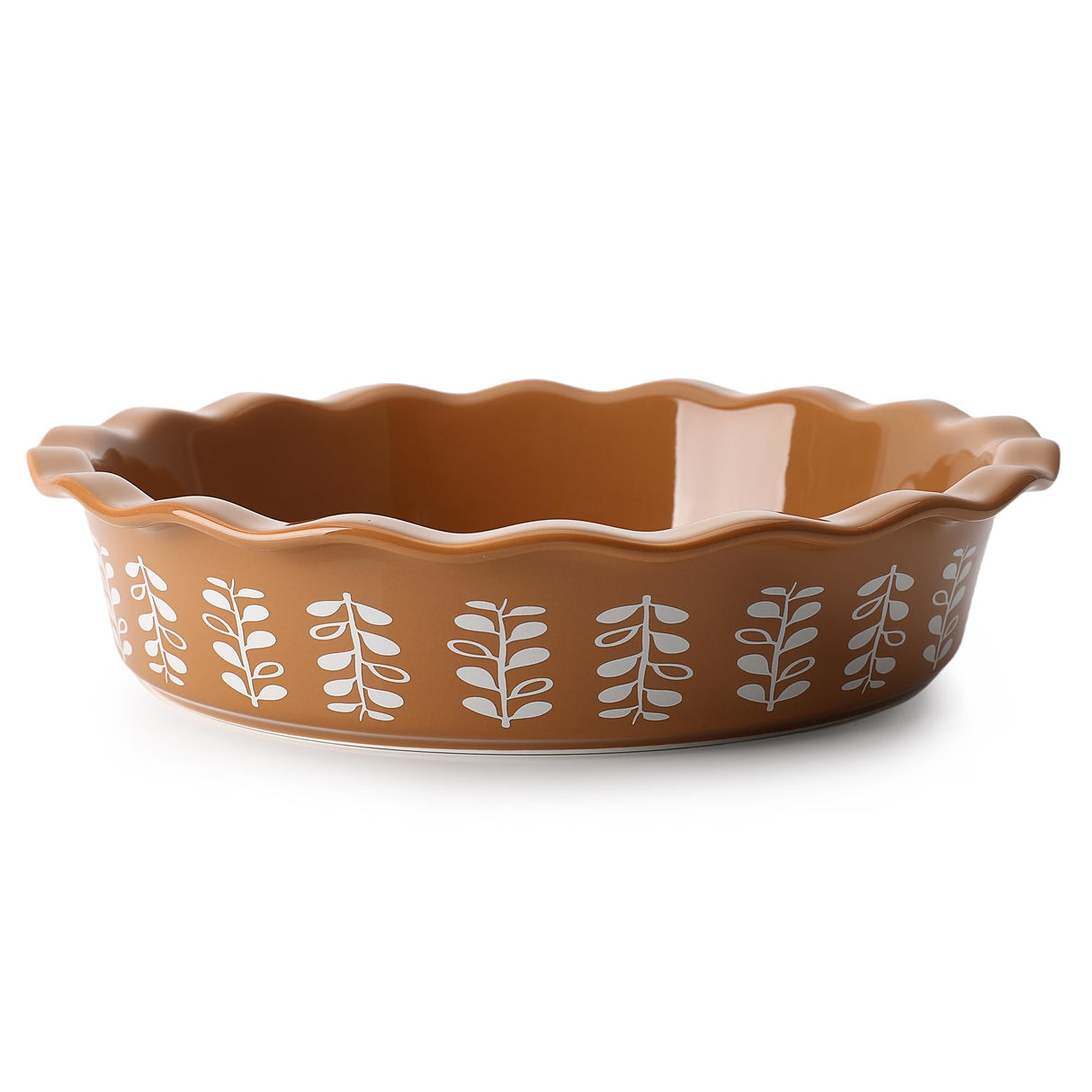 Sweese Porcelain Deep Fluted Pie Dish for Baking - 9 inch Porcelain Pie Plate for Apple, Quiche, Pot Pies, Tart - Leaf - Brown Sweese
