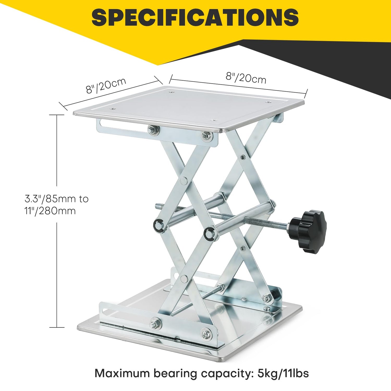 Acymner 8" x 8" Lift Table Lab Scissor Stand Platform | Stainless Steel Laboratory Lift Stand, Lab Lift Stand Table Lifting Jack Platform, Expandable Lift Height Range 3.3"/85mm to 11"/280mm Acymner
